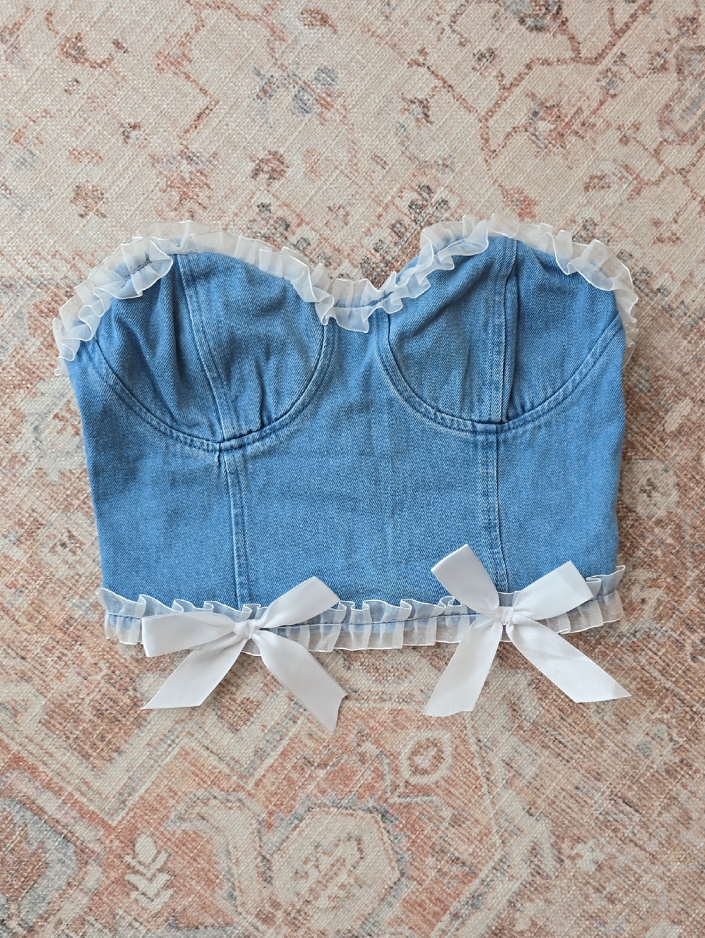 Bershka Light Blue Denim Bustier Top with White Ruffle Trim